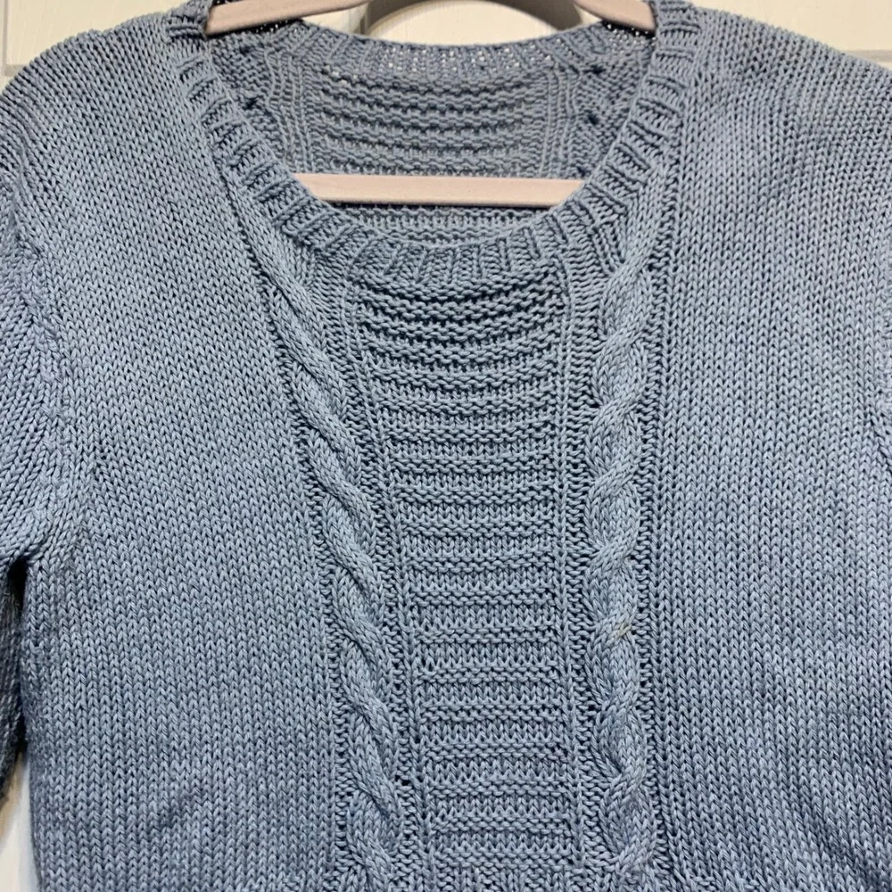 Cable Knit Short Sleeve Sweater Womens Small Blue Crew Neck Soft Girl Coquette